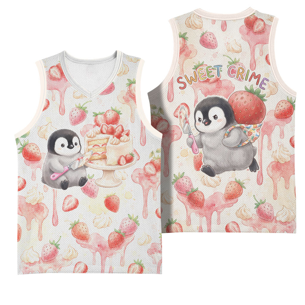 Sweet Crime Cute Penguin Holding Knife Basketball Jersey Funny Strawberry Cake Graphic With Pastel Dessert Pattern