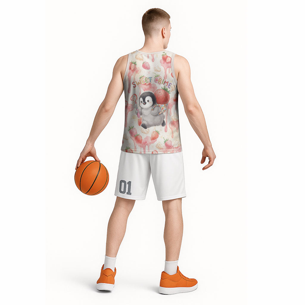 Sweet Crime Cute Penguin Holding Knife Basketball Jersey Funny Strawberry Cake Graphic With Pastel Dessert Pattern