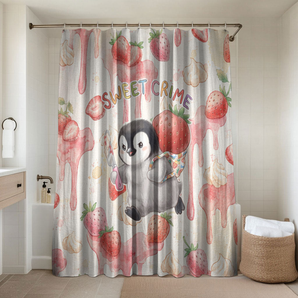 Sweet Crime Cute Penguin Holding Knife Bathroom Set Funny Strawberry Cake Graphic With Pastel Dessert Pattern