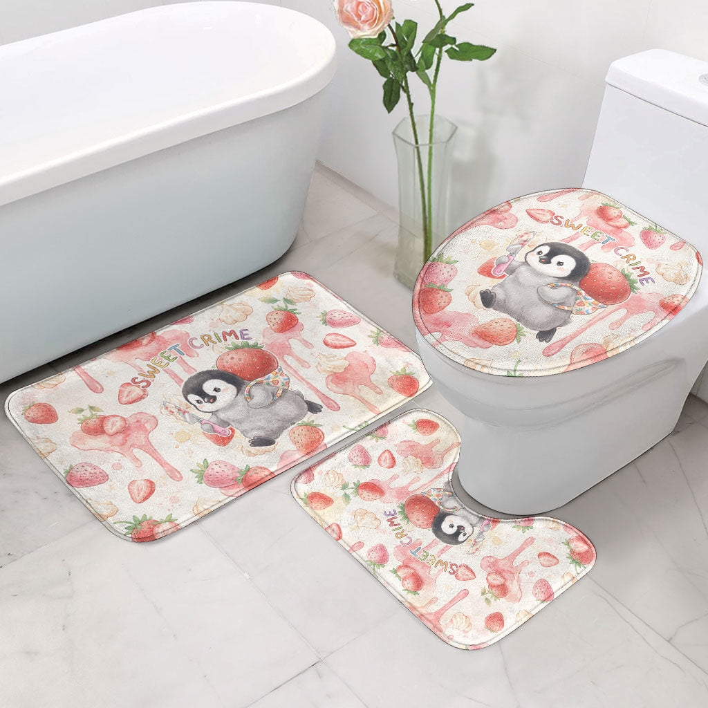 Sweet Crime Cute Penguin Holding Knife Bathroom Set Funny Strawberry Cake Graphic With Pastel Dessert Pattern