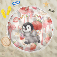 Sweet Crime Cute Penguin Holding Knife Beach Blanket Funny Strawberry Cake Graphic With Pastel Dessert Pattern