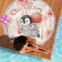 Sweet Crime Cute Penguin Holding Knife Beach Blanket Funny Strawberry Cake Graphic With Pastel Dessert Pattern