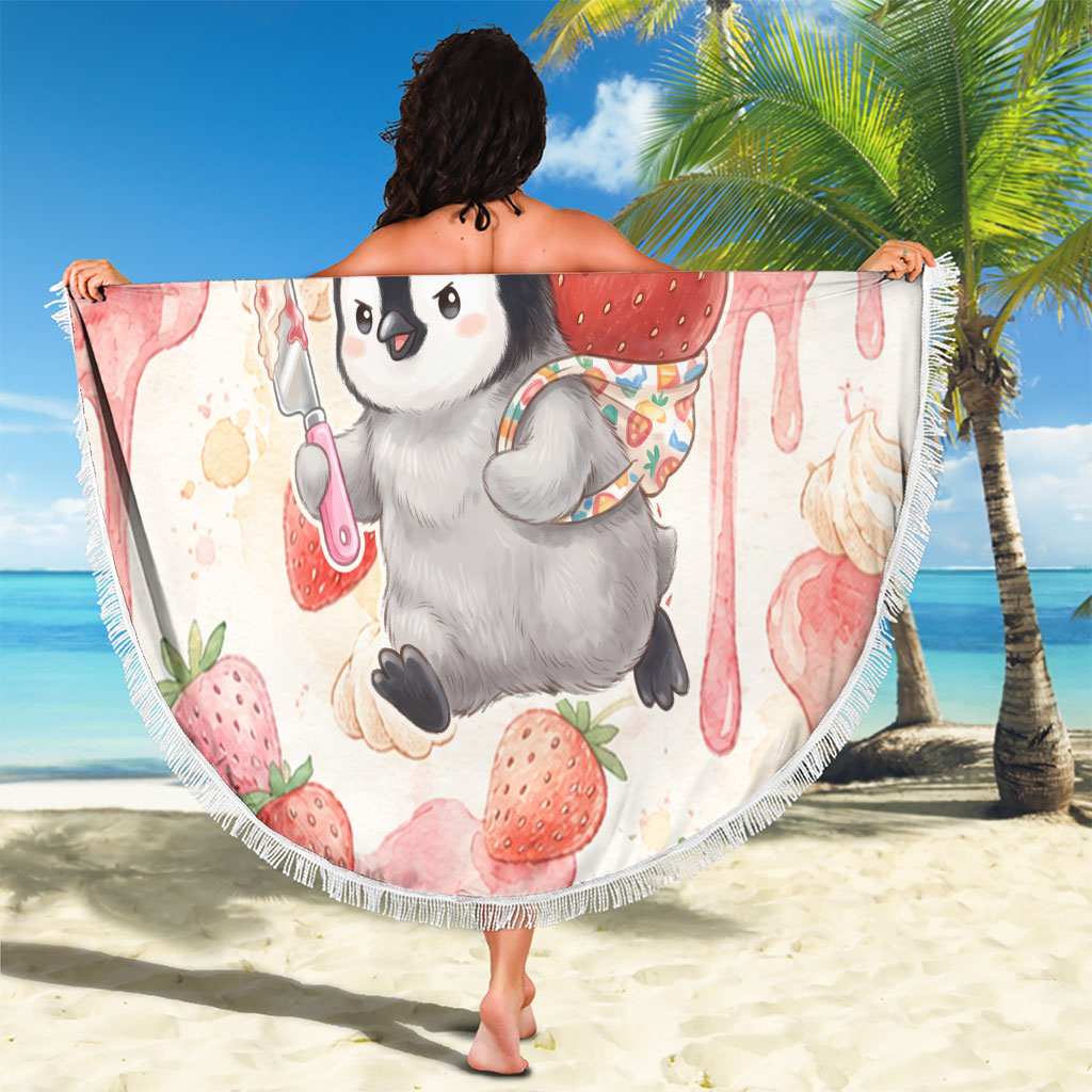 Sweet Crime Cute Penguin Holding Knife Beach Blanket Funny Strawberry Cake Graphic With Pastel Dessert Pattern
