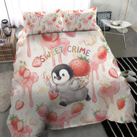 Sweet Crime Cute Penguin Holding Knife Bedding Set Funny Strawberry Cake Graphic With Pastel Dessert Pattern