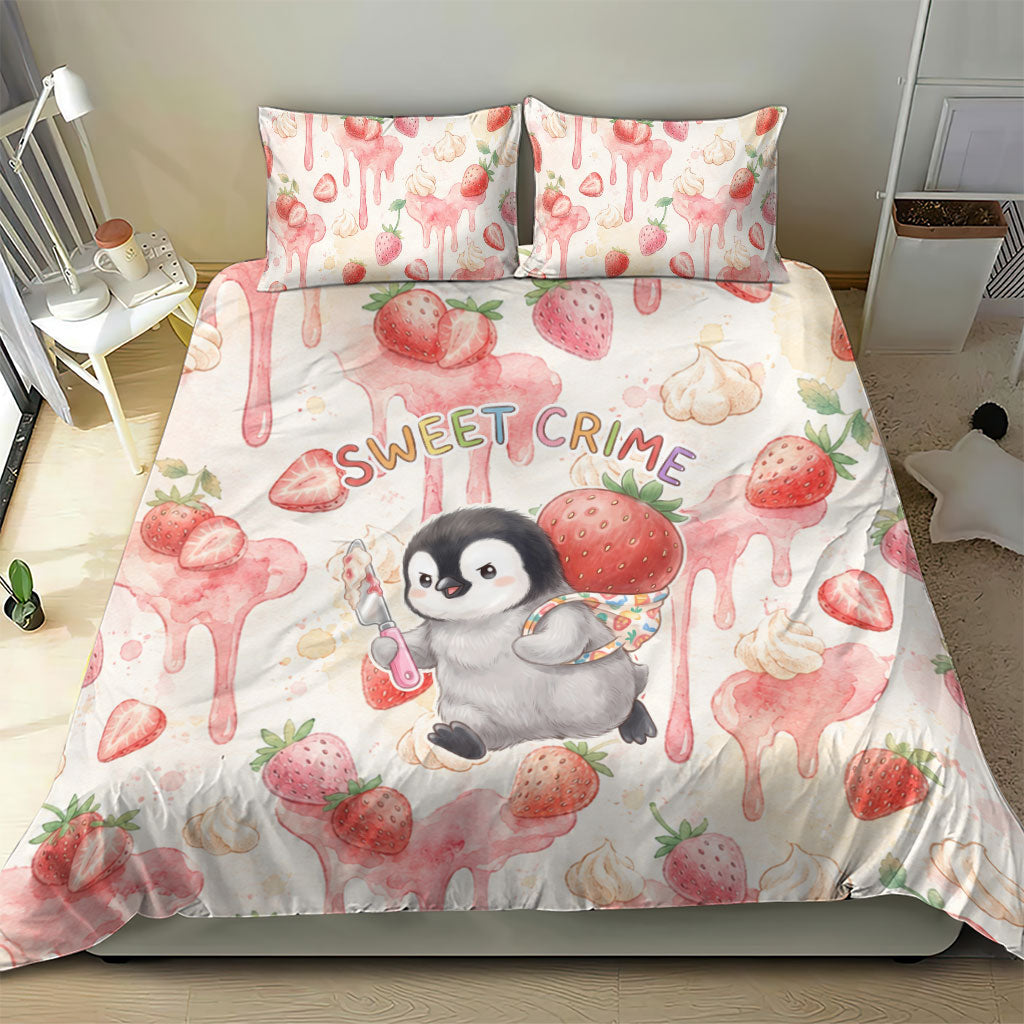 Sweet Crime Cute Penguin Holding Knife Bedding Set Funny Strawberry Cake Graphic With Pastel Dessert Pattern