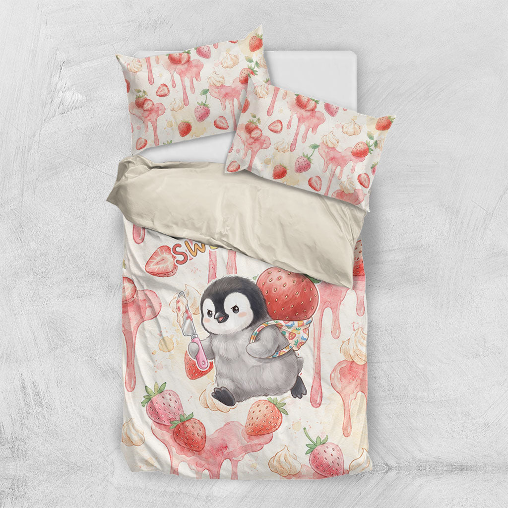 Sweet Crime Cute Penguin Holding Knife Bedding Set Funny Strawberry Cake Graphic With Pastel Dessert Pattern