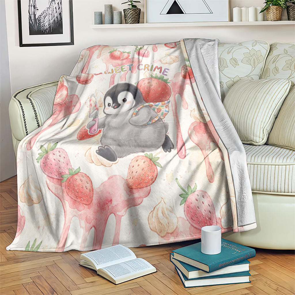 Sweet Crime Cute Penguin Holding Knife Blanket Funny Strawberry Cake Graphic With Pastel Dessert Pattern