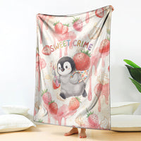 Sweet Crime Cute Penguin Holding Knife Blanket Funny Strawberry Cake Graphic With Pastel Dessert Pattern
