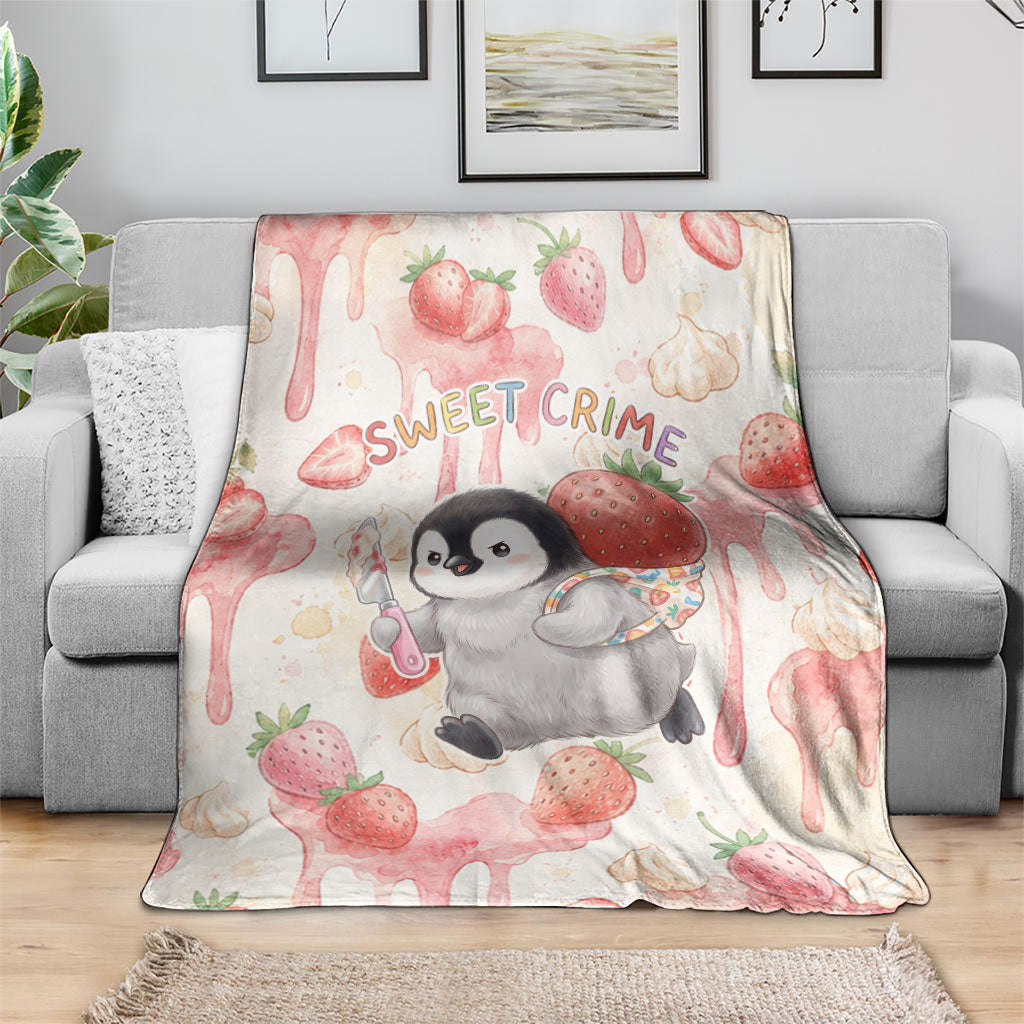 Sweet Crime Cute Penguin Holding Knife Blanket Funny Strawberry Cake Graphic With Pastel Dessert Pattern