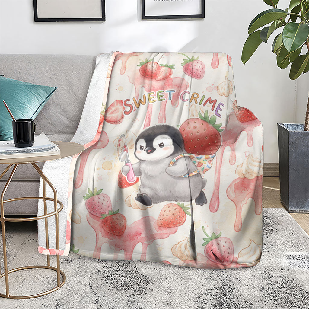 Sweet Crime Cute Penguin Holding Knife Blanket Funny Strawberry Cake Graphic With Pastel Dessert Pattern