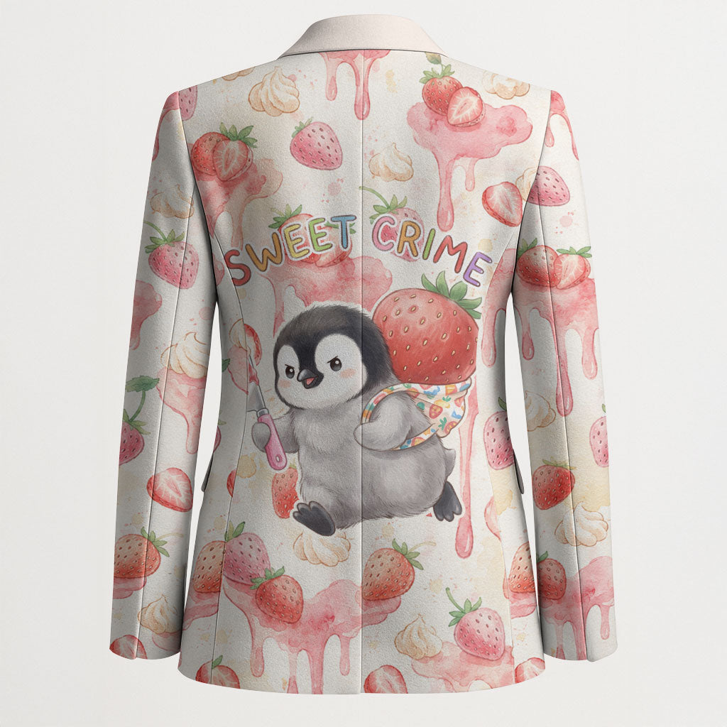 Sweet Crime Cute Penguin Holding Knife Blazer Funny Strawberry Cake Graphic With Pastel Dessert Pattern