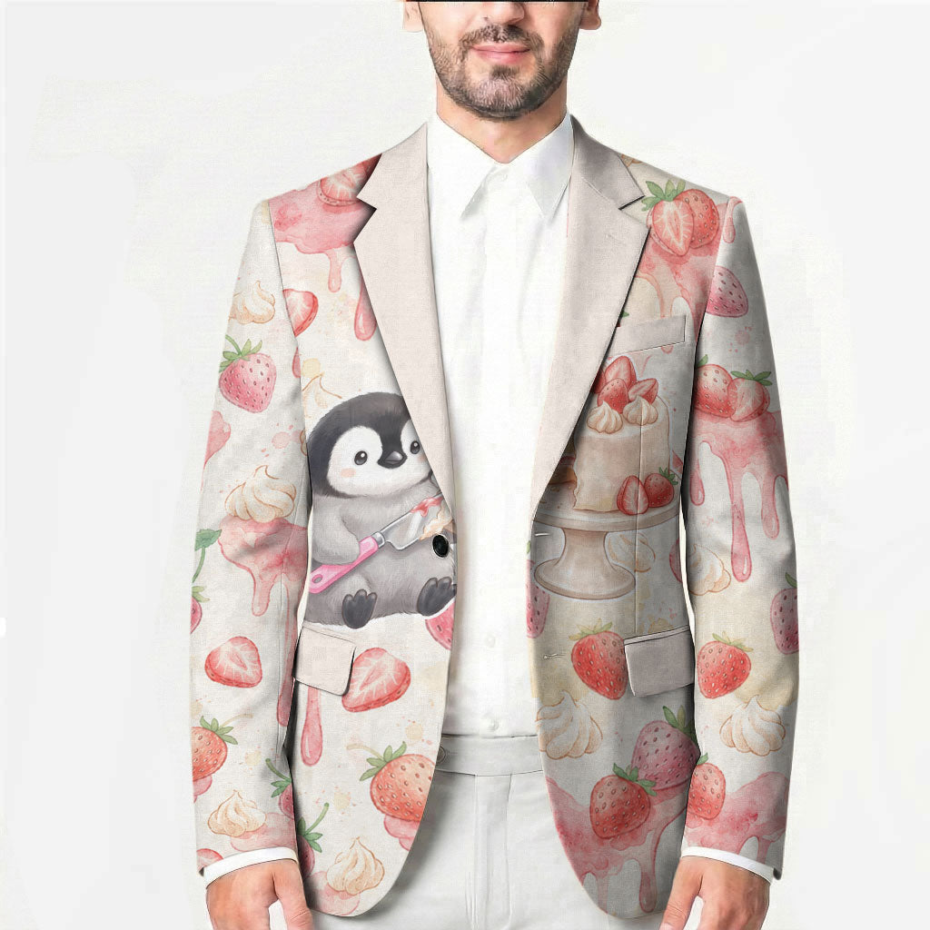 Sweet Crime Cute Penguin Holding Knife Blazer Funny Strawberry Cake Graphic With Pastel Dessert Pattern