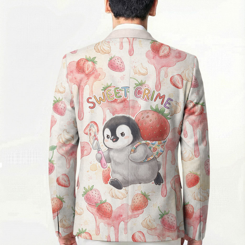 Sweet Crime Cute Penguin Holding Knife Blazer Funny Strawberry Cake Graphic With Pastel Dessert Pattern