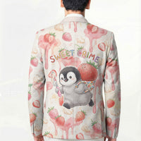 Sweet Crime Cute Penguin Holding Knife Blazer Funny Strawberry Cake Graphic With Pastel Dessert Pattern