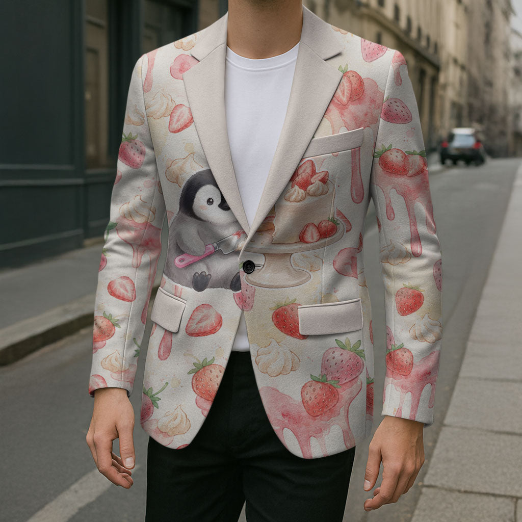 Sweet Crime Cute Penguin Holding Knife Blazer Funny Strawberry Cake Graphic With Pastel Dessert Pattern