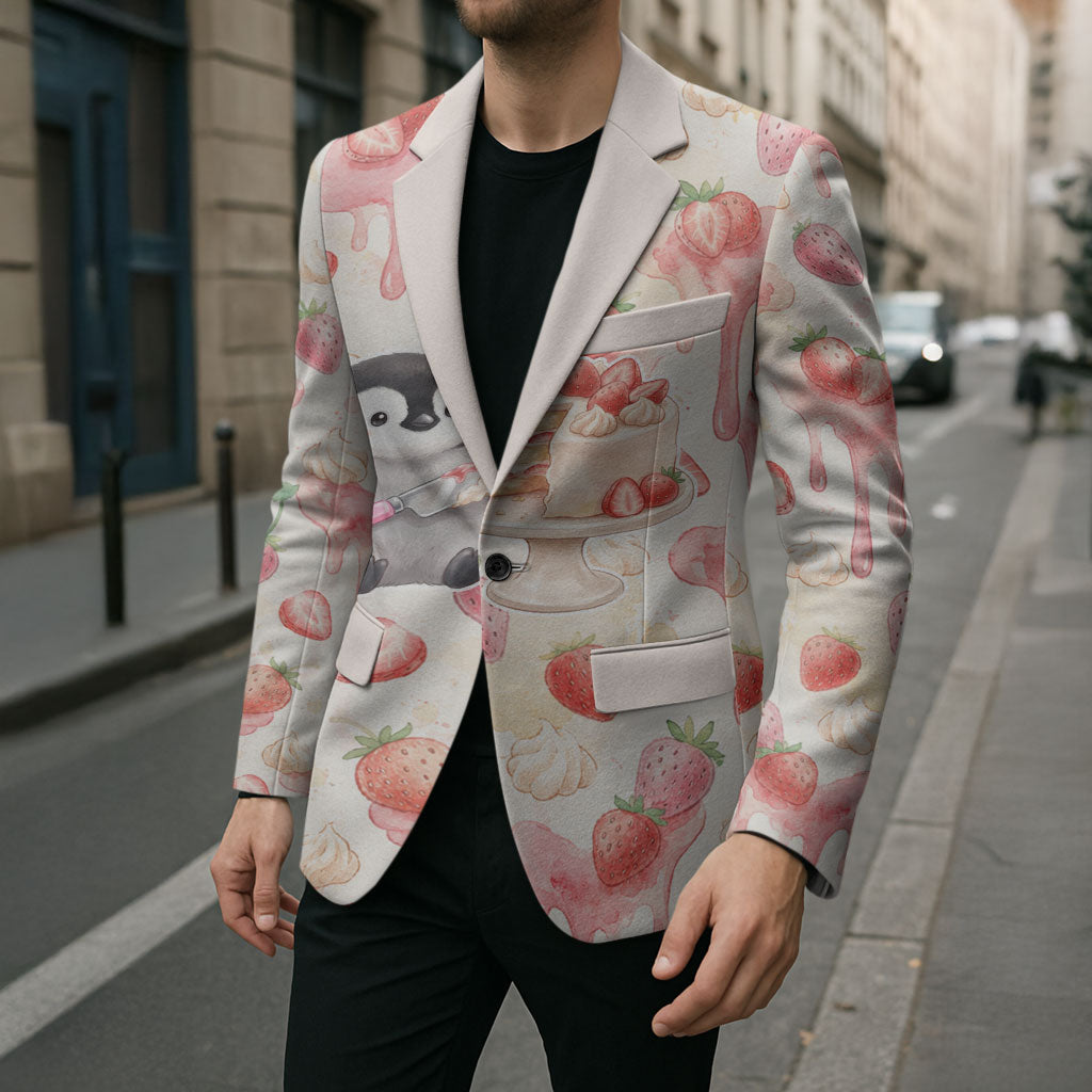 Sweet Crime Cute Penguin Holding Knife Blazer Funny Strawberry Cake Graphic With Pastel Dessert Pattern
