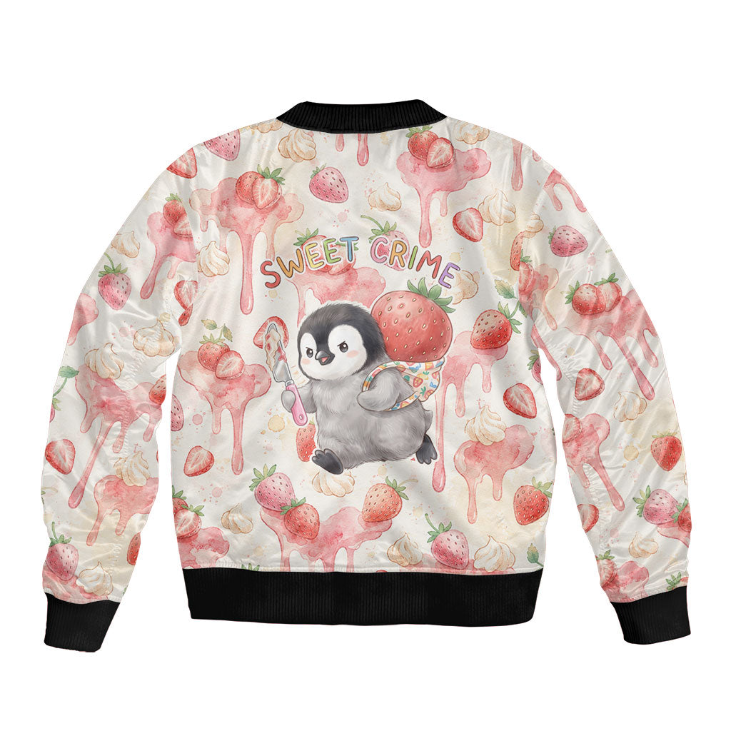 Sweet Crime Cute Penguin Holding Knife Bomber Jacket Funny Strawberry Cake Graphic With Pastel Dessert Pattern