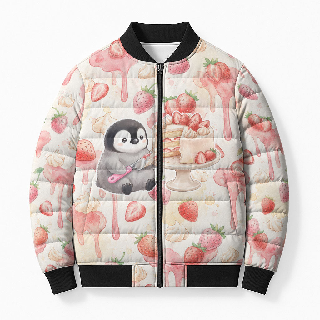 Sweet Crime Cute Penguin Holding Knife Bomber Puffer Jacket Funny Strawberry Cake Graphic With Pastel Dessert Pattern