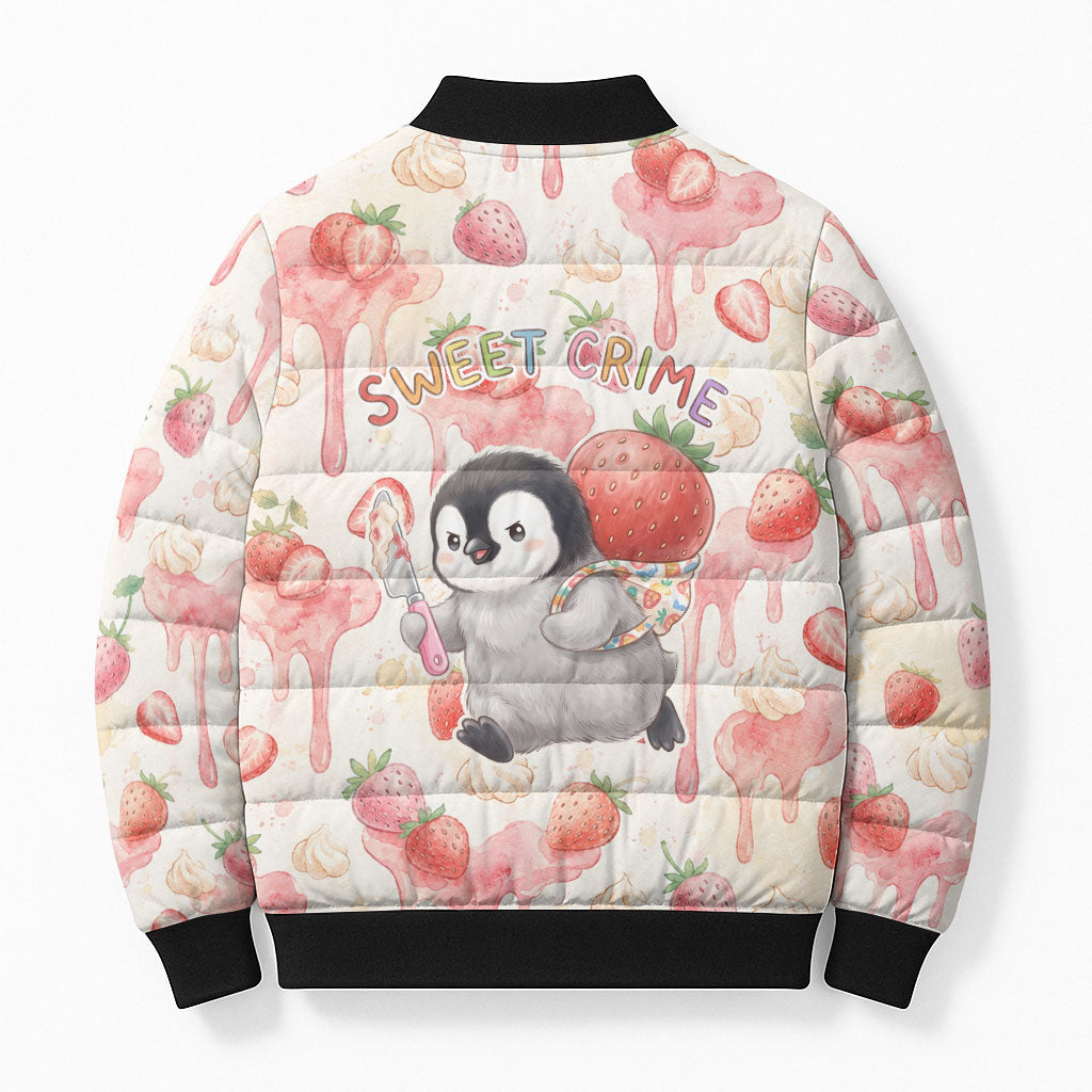 Sweet Crime Cute Penguin Holding Knife Bomber Puffer Jacket Funny Strawberry Cake Graphic With Pastel Dessert Pattern