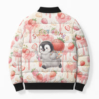 Sweet Crime Cute Penguin Holding Knife Bomber Puffer Jacket Funny Strawberry Cake Graphic With Pastel Dessert Pattern