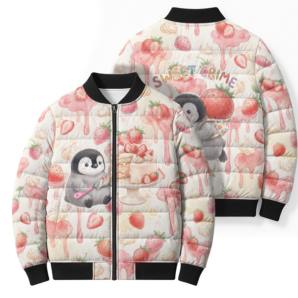 Sweet Crime Cute Penguin Holding Knife Bomber Puffer Jacket Funny Strawberry Cake Graphic With Pastel Dessert Pattern