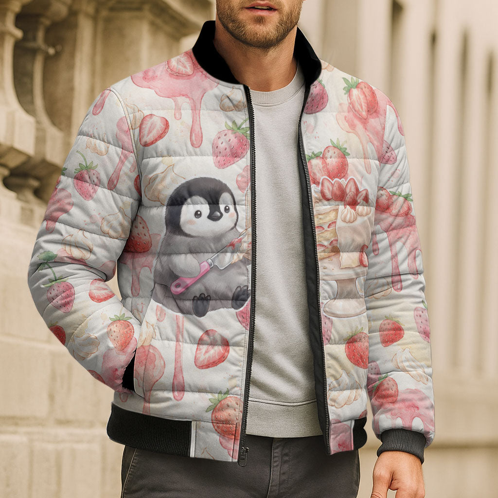 Sweet Crime Cute Penguin Holding Knife Bomber Puffer Jacket Funny Strawberry Cake Graphic With Pastel Dessert Pattern