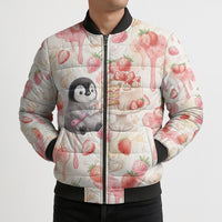 Sweet Crime Cute Penguin Holding Knife Bomber Puffer Jacket Funny Strawberry Cake Graphic With Pastel Dessert Pattern