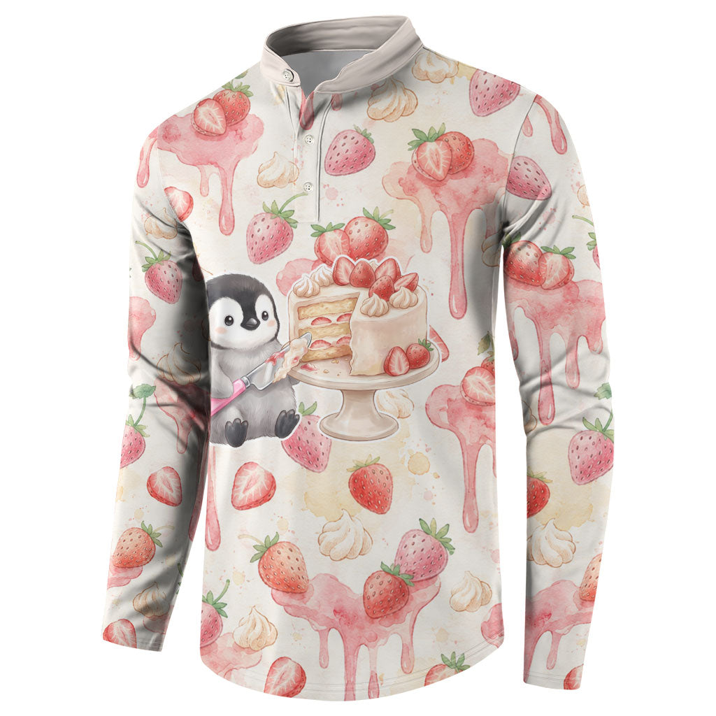 Sweet Crime Cute Penguin Holding Knife Button Sweatshirt Funny Strawberry Cake Graphic With Pastel Dessert Pattern