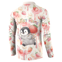 Sweet Crime Cute Penguin Holding Knife Button Sweatshirt Funny Strawberry Cake Graphic With Pastel Dessert Pattern