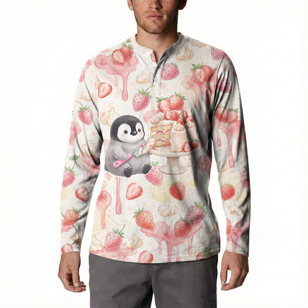 Sweet Crime Cute Penguin Holding Knife Button Sweatshirt Funny Strawberry Cake Graphic With Pastel Dessert Pattern