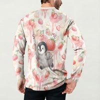 Sweet Crime Cute Penguin Holding Knife Button Sweatshirt Funny Strawberry Cake Graphic With Pastel Dessert Pattern