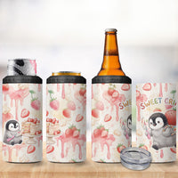 Sweet Crime Cute Penguin Holding Knife 4 in 1 Can Cooler Tumbler Funny Strawberry Cake Graphic With Pastel Dessert Pattern