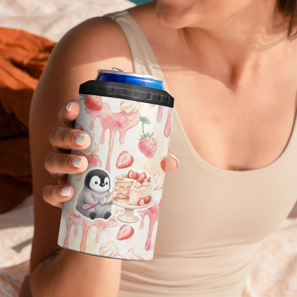 Sweet Crime Cute Penguin Holding Knife 4 in 1 Can Cooler Tumbler Funny Strawberry Cake Graphic With Pastel Dessert Pattern
