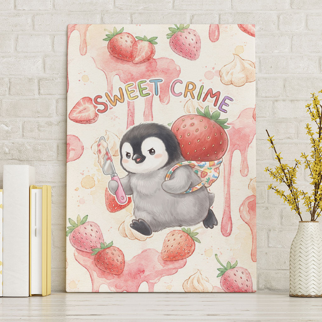 Sweet Crime Cute Penguin Holding Knife Canvas Wall Art Funny Strawberry Cake Graphic With Pastel Dessert Pattern
