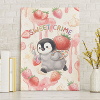Sweet Crime Cute Penguin Holding Knife Canvas Wall Art Funny Strawberry Cake Graphic With Pastel Dessert Pattern