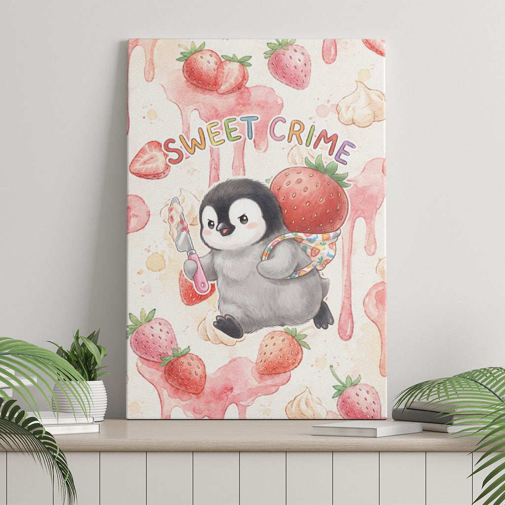 Sweet Crime Cute Penguin Holding Knife Canvas Wall Art Funny Strawberry Cake Graphic With Pastel Dessert Pattern
