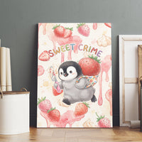 Sweet Crime Cute Penguin Holding Knife Canvas Wall Art Funny Strawberry Cake Graphic With Pastel Dessert Pattern