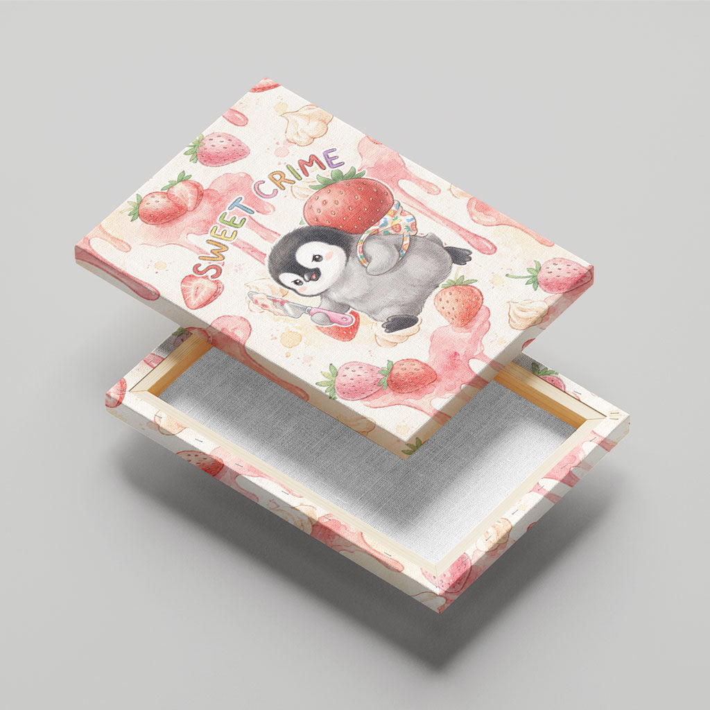 Sweet Crime Cute Penguin Holding Knife Canvas Wall Art Funny Strawberry Cake Graphic With Pastel Dessert Pattern