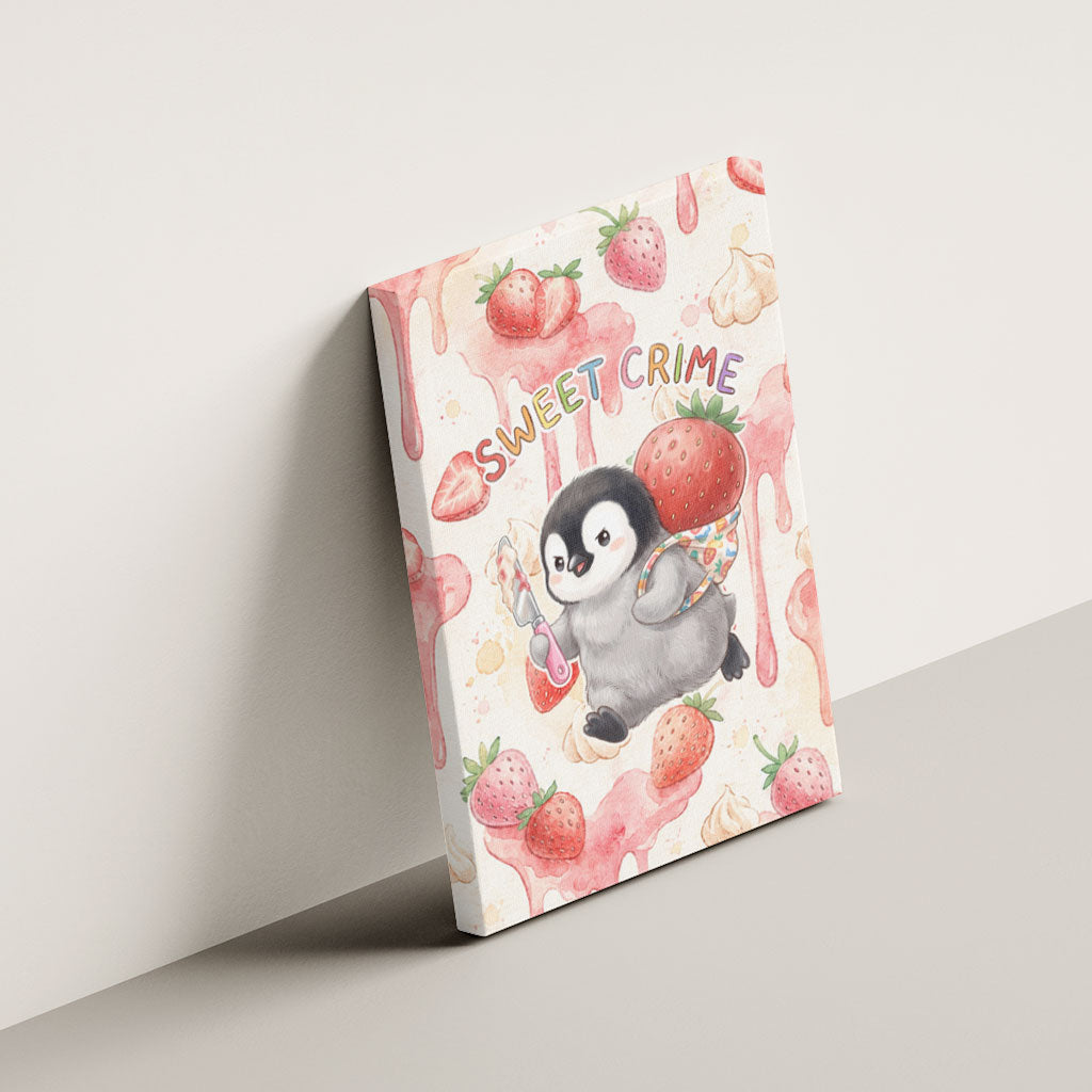 Sweet Crime Cute Penguin Holding Knife Canvas Wall Art Funny Strawberry Cake Graphic With Pastel Dessert Pattern