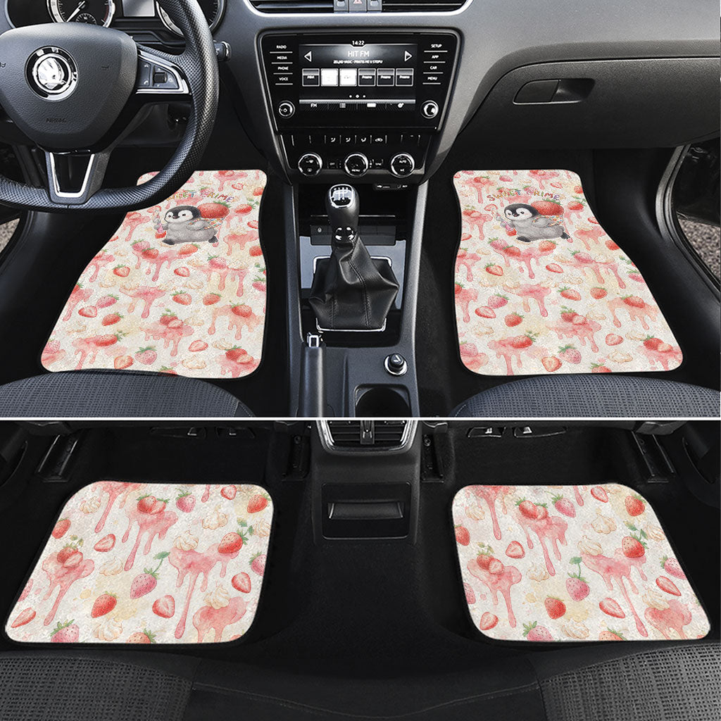Sweet Crime Cute Penguin Holding Knife Car Mats Funny Strawberry Cake Graphic With Pastel Dessert Pattern
