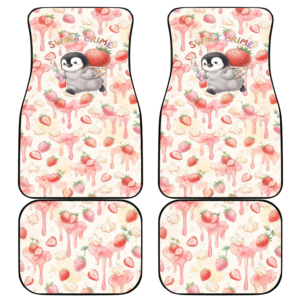 Sweet Crime Cute Penguin Holding Knife Car Mats Funny Strawberry Cake Graphic With Pastel Dessert Pattern
