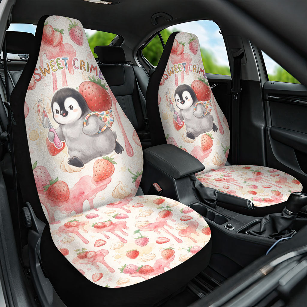 Sweet Crime Cute Penguin Holding Knife Car Seat Cover Funny Strawberry Cake Graphic With Pastel Dessert Pattern