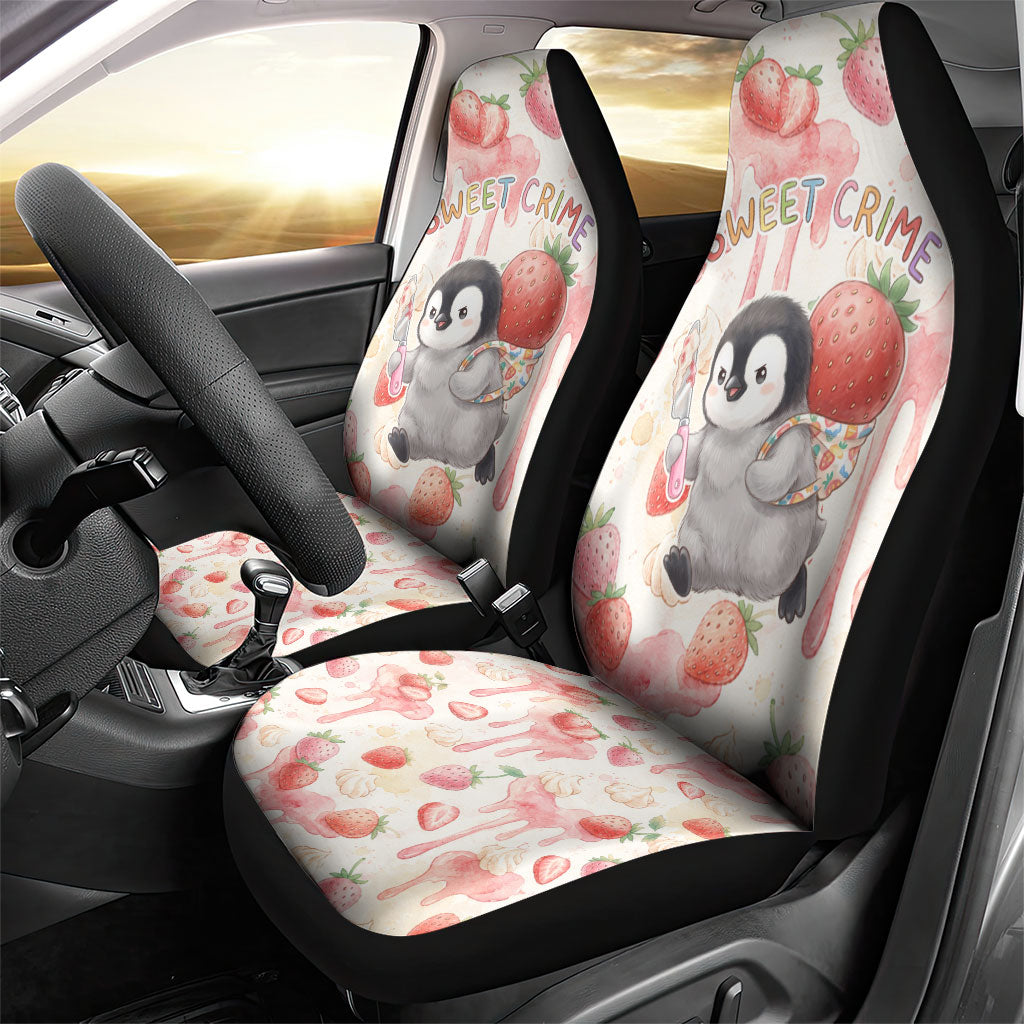 Sweet Crime Cute Penguin Holding Knife Car Seat Cover Funny Strawberry Cake Graphic With Pastel Dessert Pattern