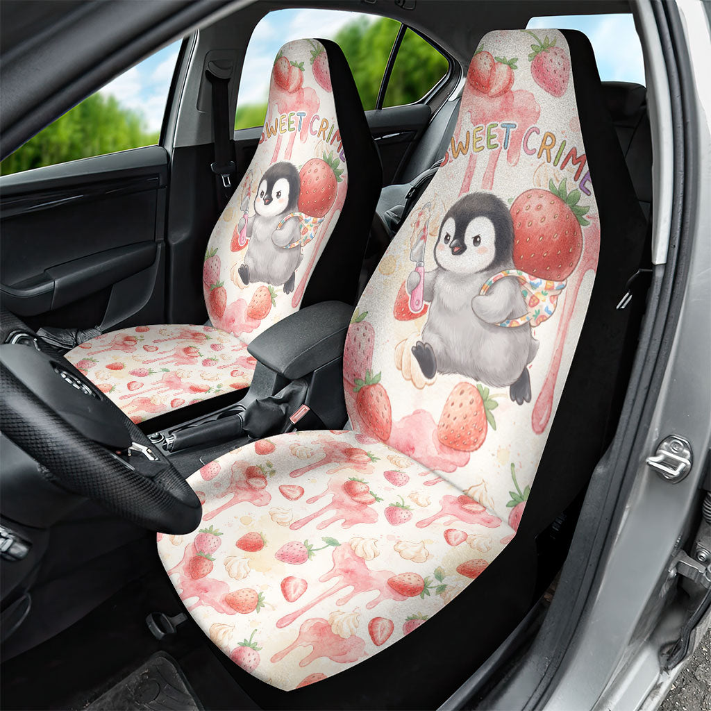 Sweet Crime Cute Penguin Holding Knife Car Seat Cover Funny Strawberry Cake Graphic With Pastel Dessert Pattern