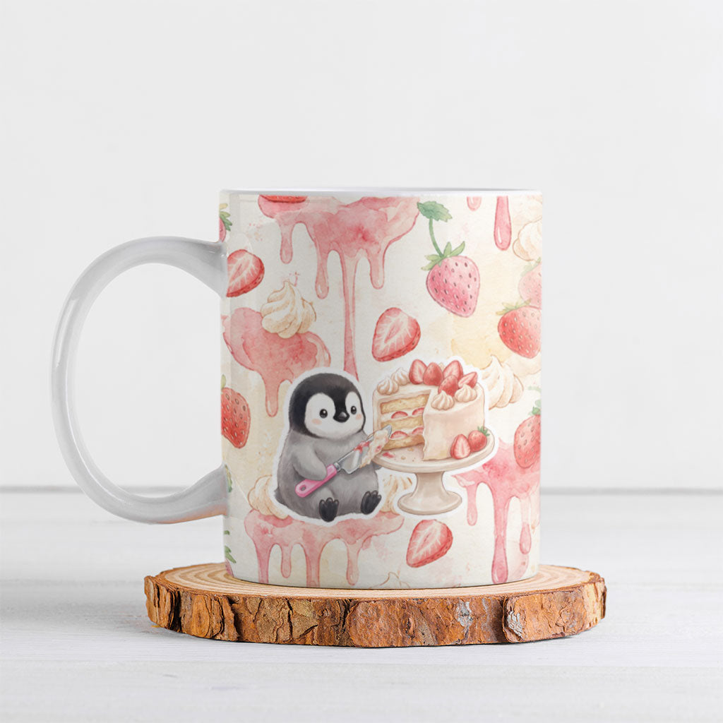 Sweet Crime Cute Penguin Holding Knife Ceramic Mug Funny Strawberry Cake Graphic With Pastel Dessert Pattern