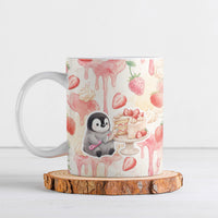 Sweet Crime Cute Penguin Holding Knife Ceramic Mug Funny Strawberry Cake Graphic With Pastel Dessert Pattern
