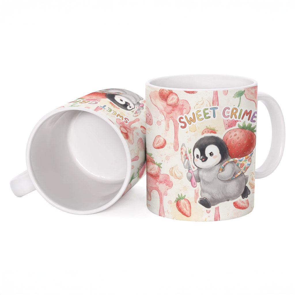 Sweet Crime Cute Penguin Holding Knife Ceramic Mug Funny Strawberry Cake Graphic With Pastel Dessert Pattern