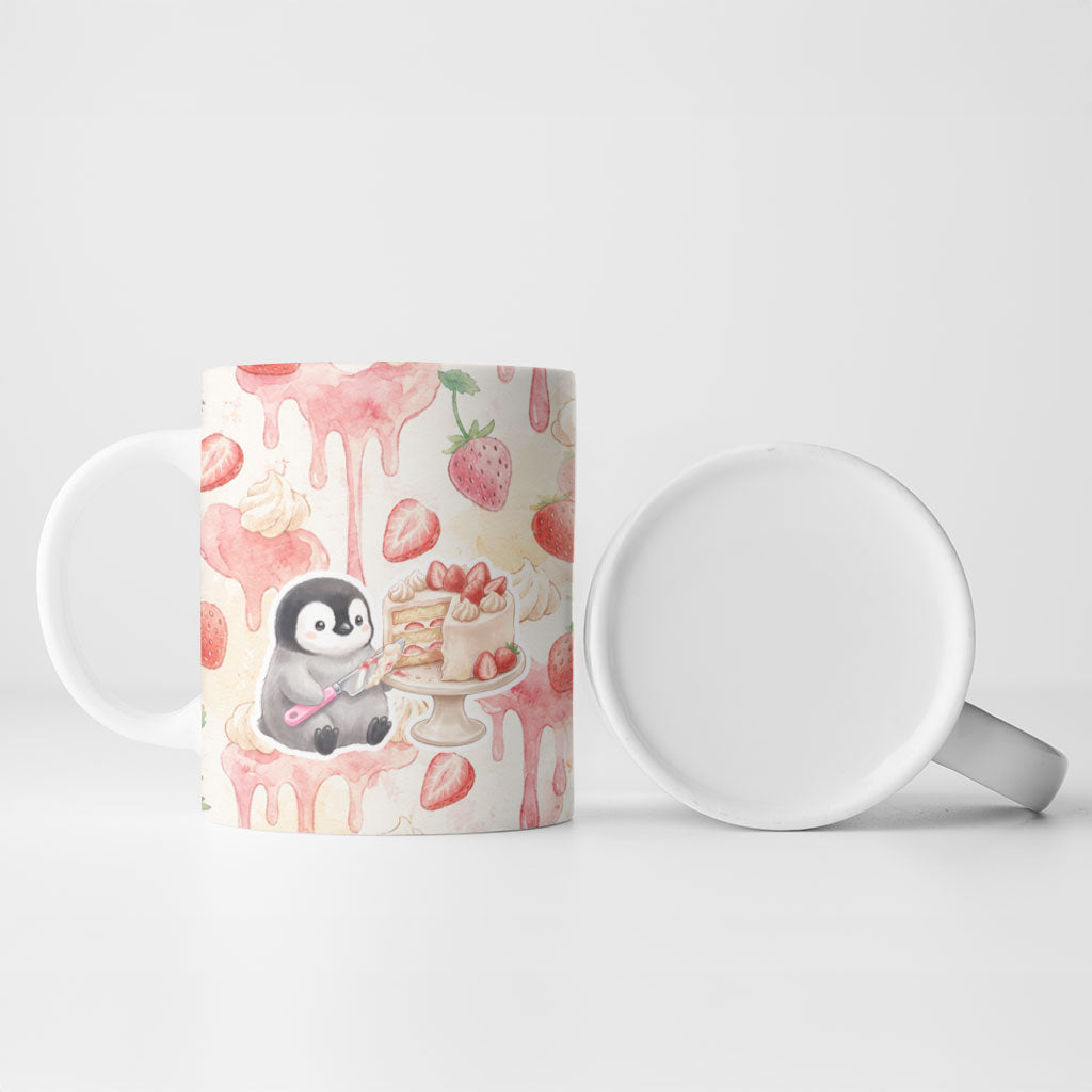 Sweet Crime Cute Penguin Holding Knife Ceramic Mug Funny Strawberry Cake Graphic With Pastel Dessert Pattern