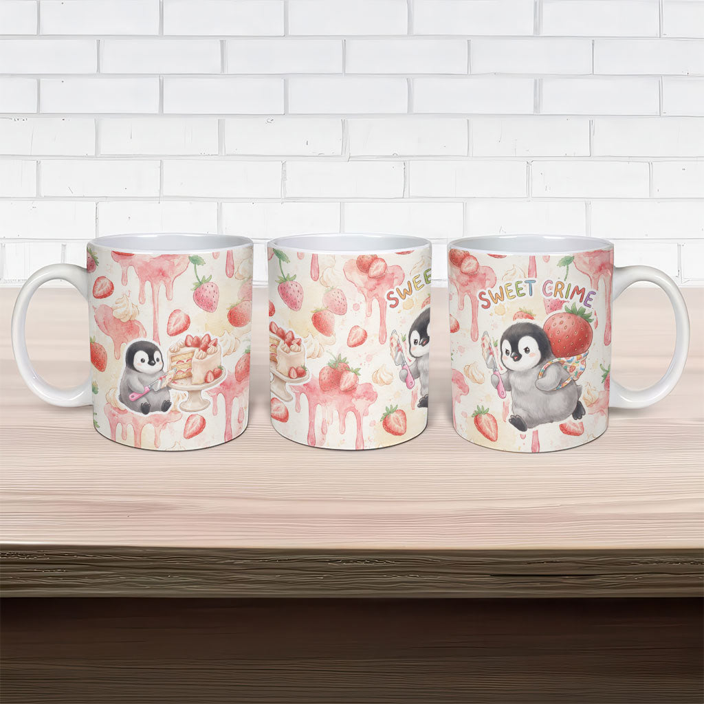 Sweet Crime Cute Penguin Holding Knife Ceramic Mug Funny Strawberry Cake Graphic With Pastel Dessert Pattern