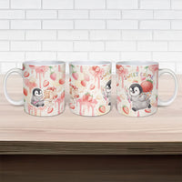 Sweet Crime Cute Penguin Holding Knife Ceramic Mug Funny Strawberry Cake Graphic With Pastel Dessert Pattern